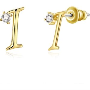 14k gold plated letter I stud earrings with cubic zirconia